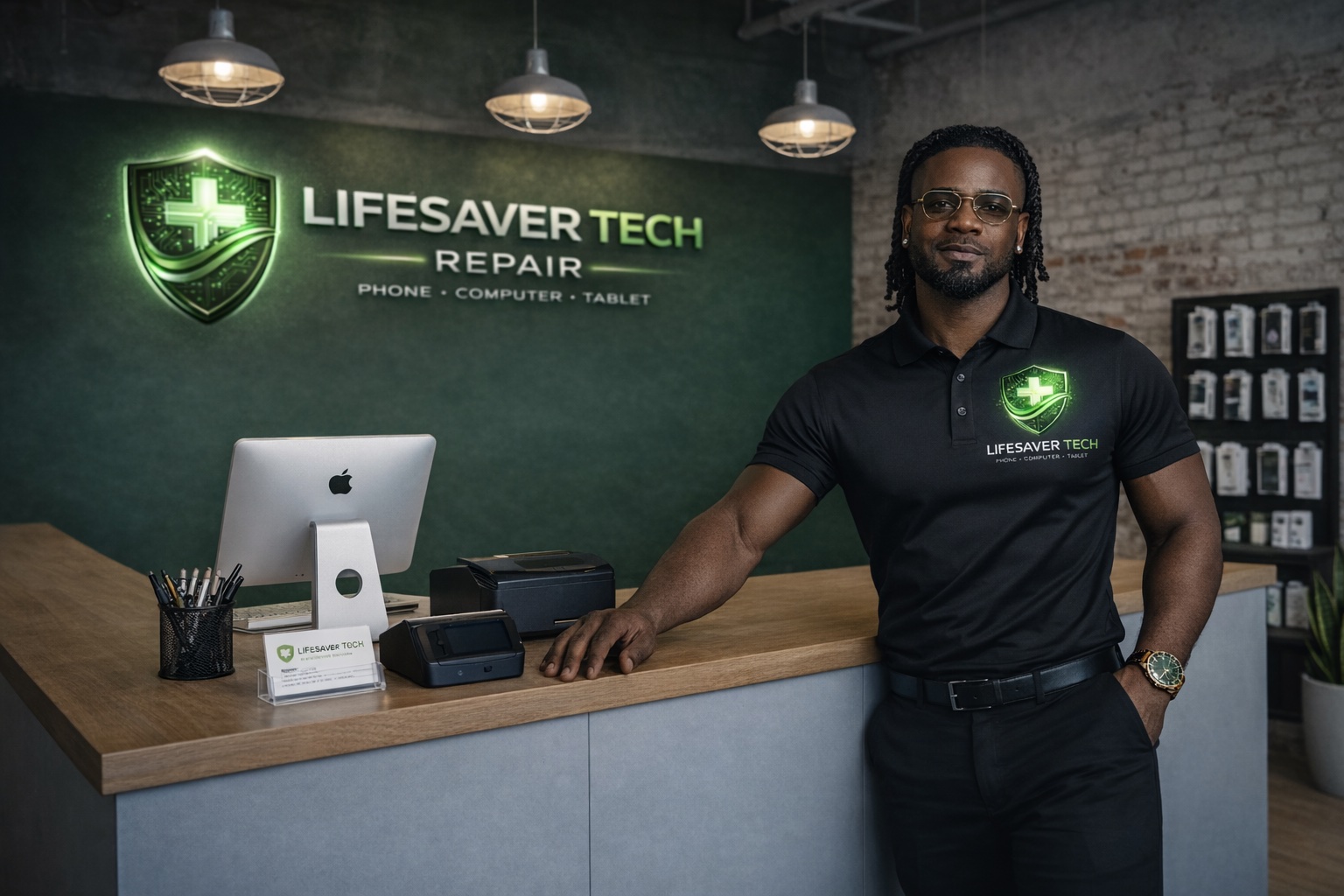 LifeSaver Tech Repair interior with exposed brick walls, hardwood floors, and professional reception counter